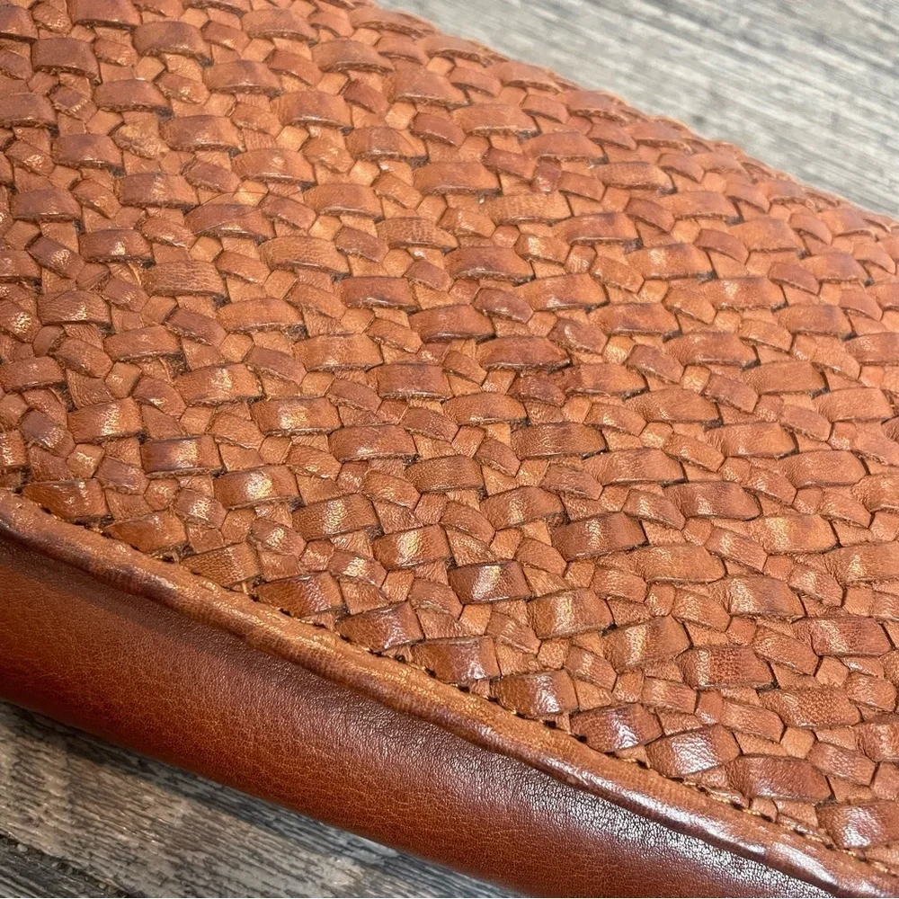Tan Woven Leather Wallet with Artisanal Texture. Preowned. Spot on bottom.